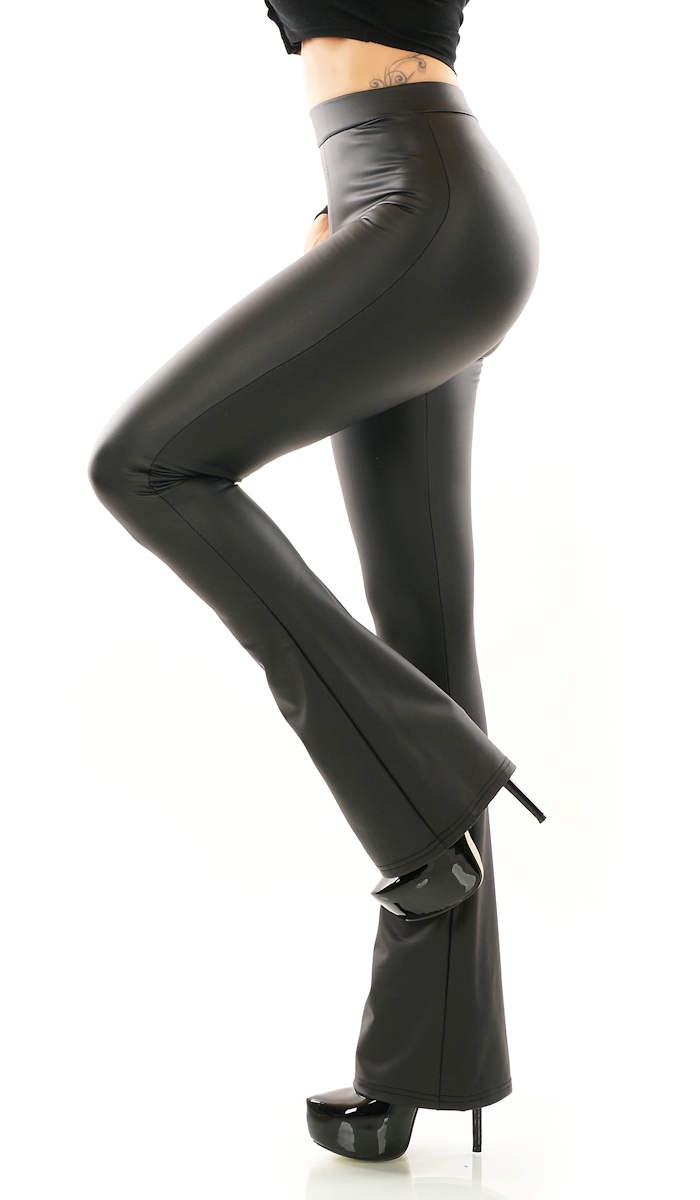 High Waist Schlag Leggings im Lederlook - schwarz