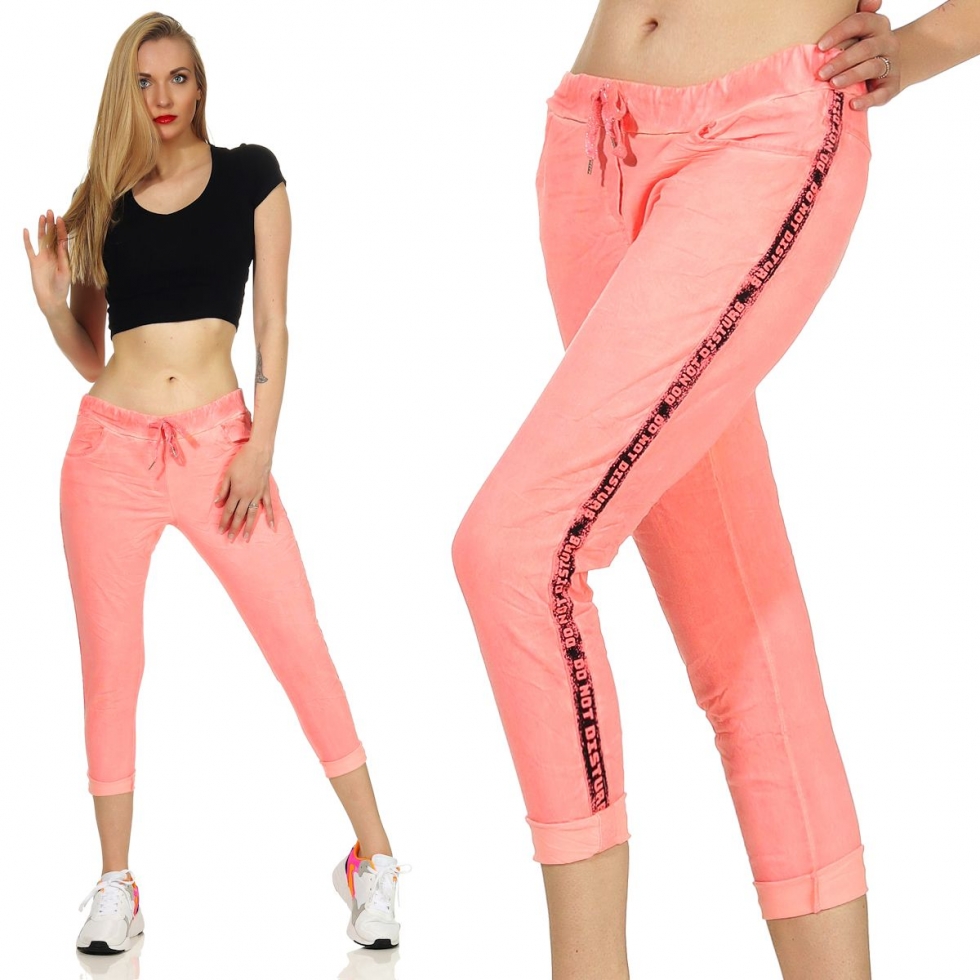Moderne Freizeithose mit seitlicher Schriftbordüre - neonpink
