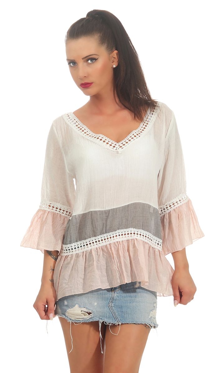 Tunika Shirt mit süssen Spitzen-Bordüren in rosa / weiß