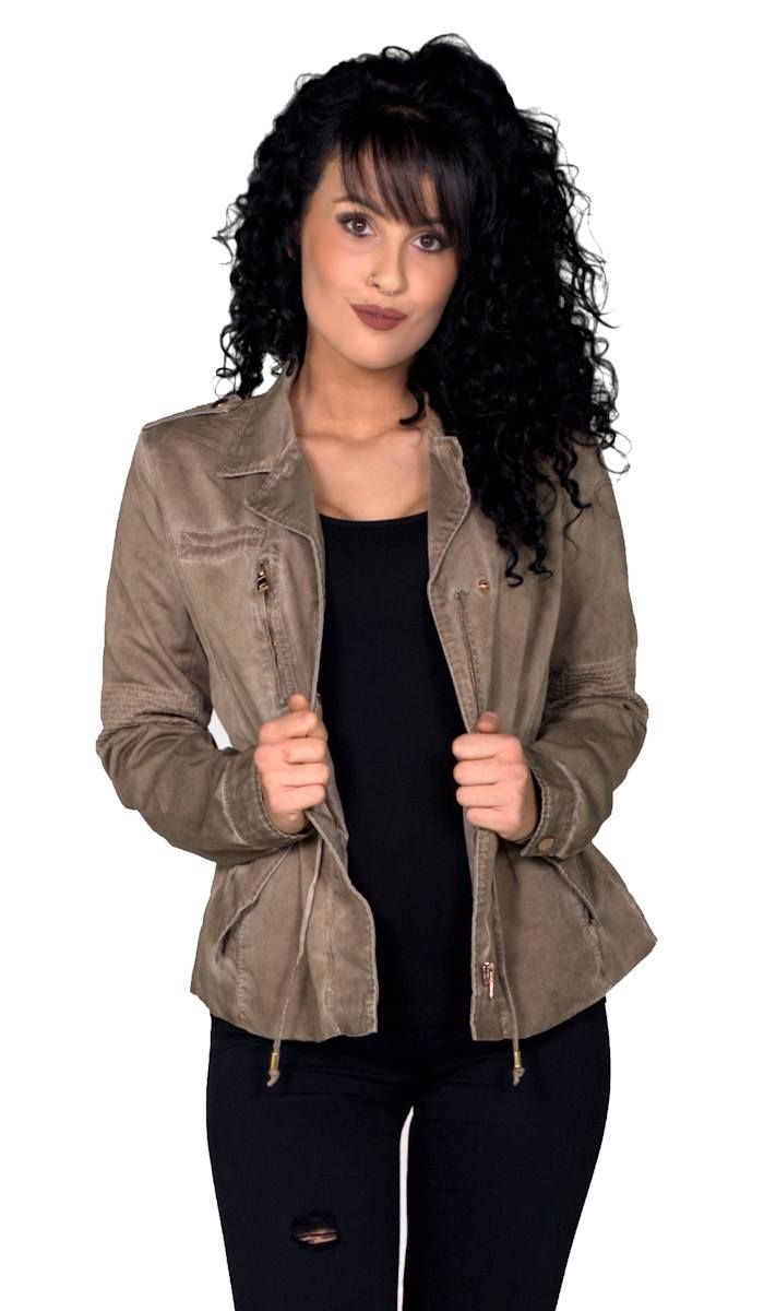 Taillierte Jeansjacke im Vintage-Look mit Tunnelzug-Bändchen - sand