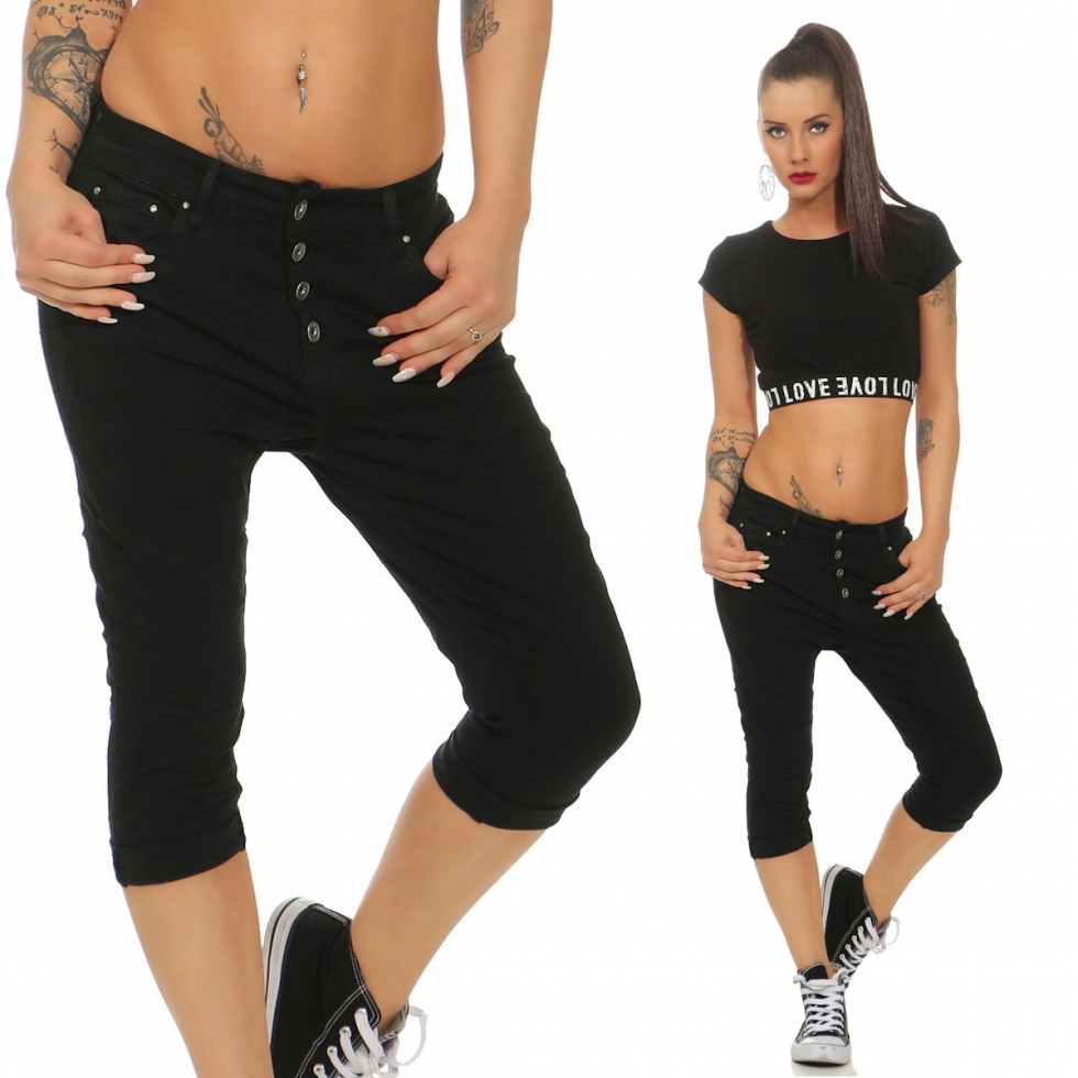 Capri-Jeans mit aufgesetzter Knopfleiste in schwarz