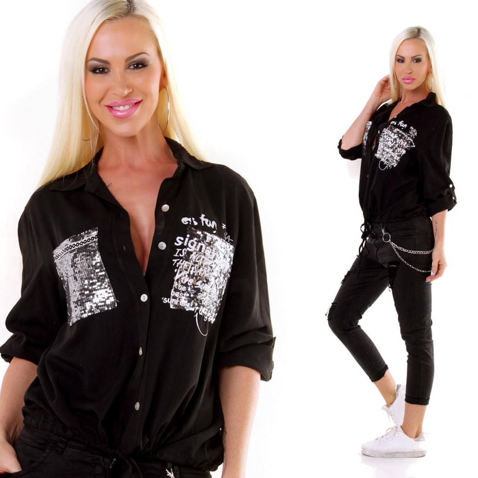 Legere Bluse mit Pailletten- und Schrift- Verzierung - schwarz