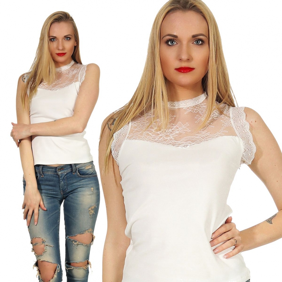 Ärmelloses Shirt mit Spitzen-Verzierung - weiß