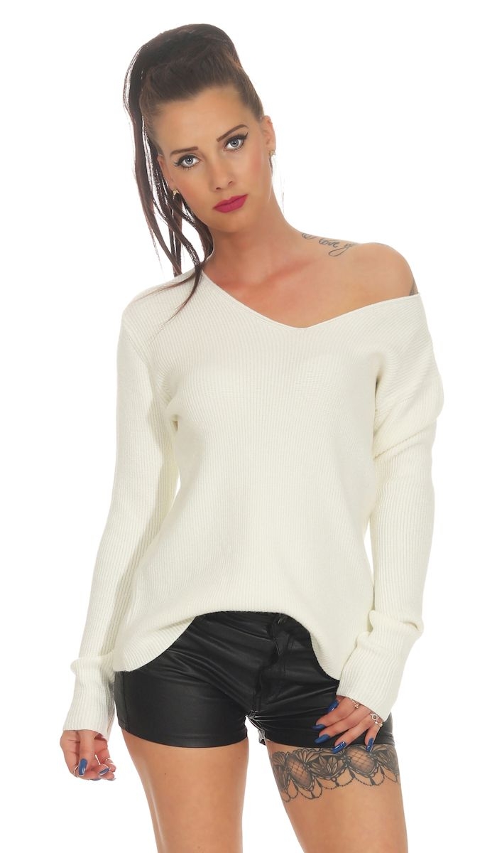 Oversize Strickpullover mit V-Auschnitt in cremeweiß