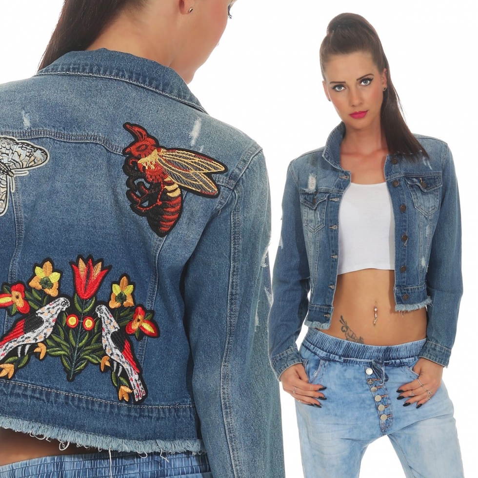 Vintage Jeansjacke mit Stickerei-Patches - blue washed