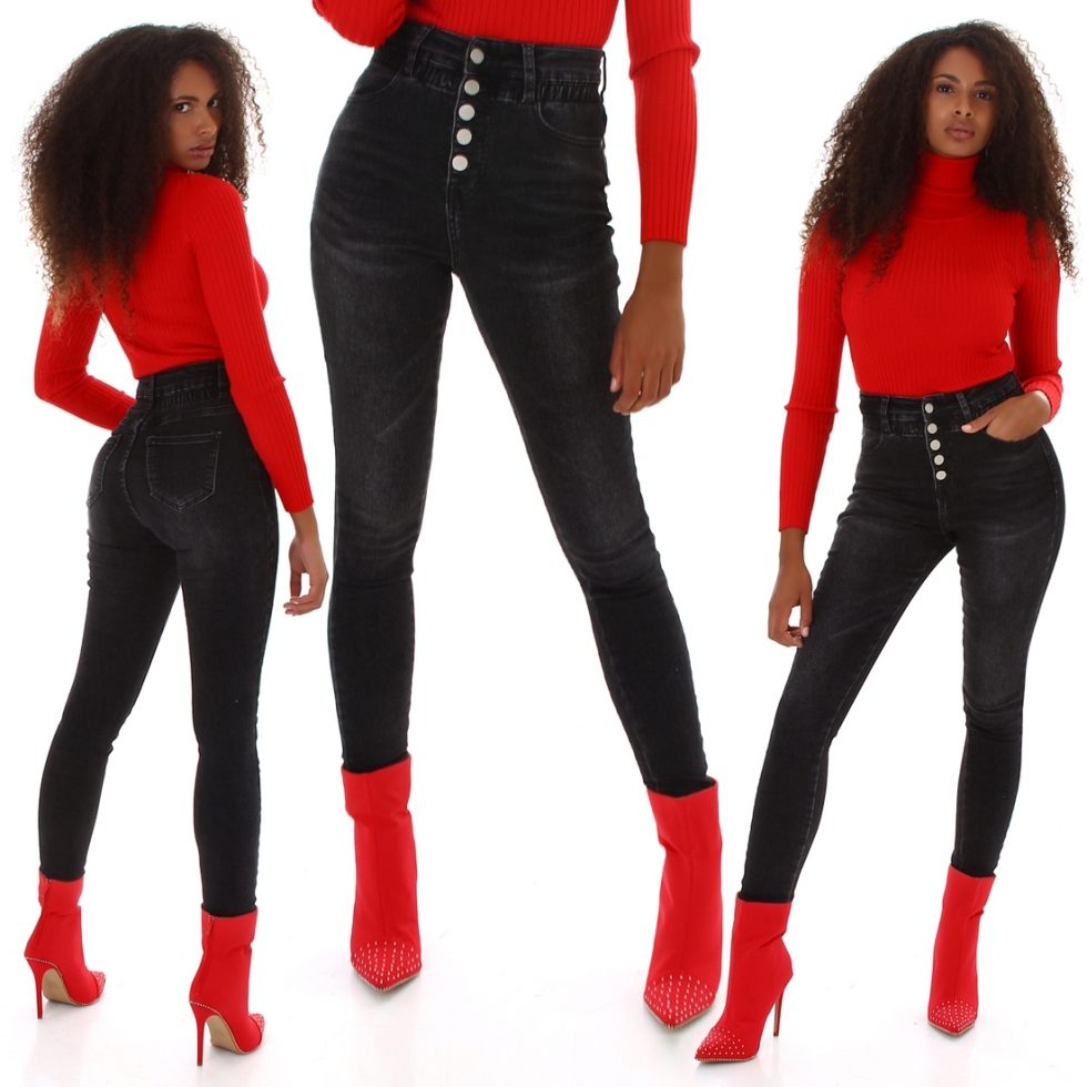 Sexy High Waist Jeans mit aufgesetzter Knopfleiste - schwarz