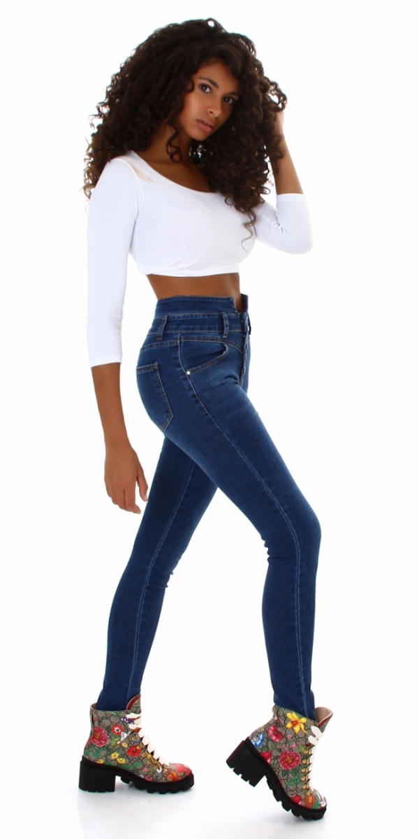 Figurbetonte High Waist Jeans mit Knopfleiste - blue washed