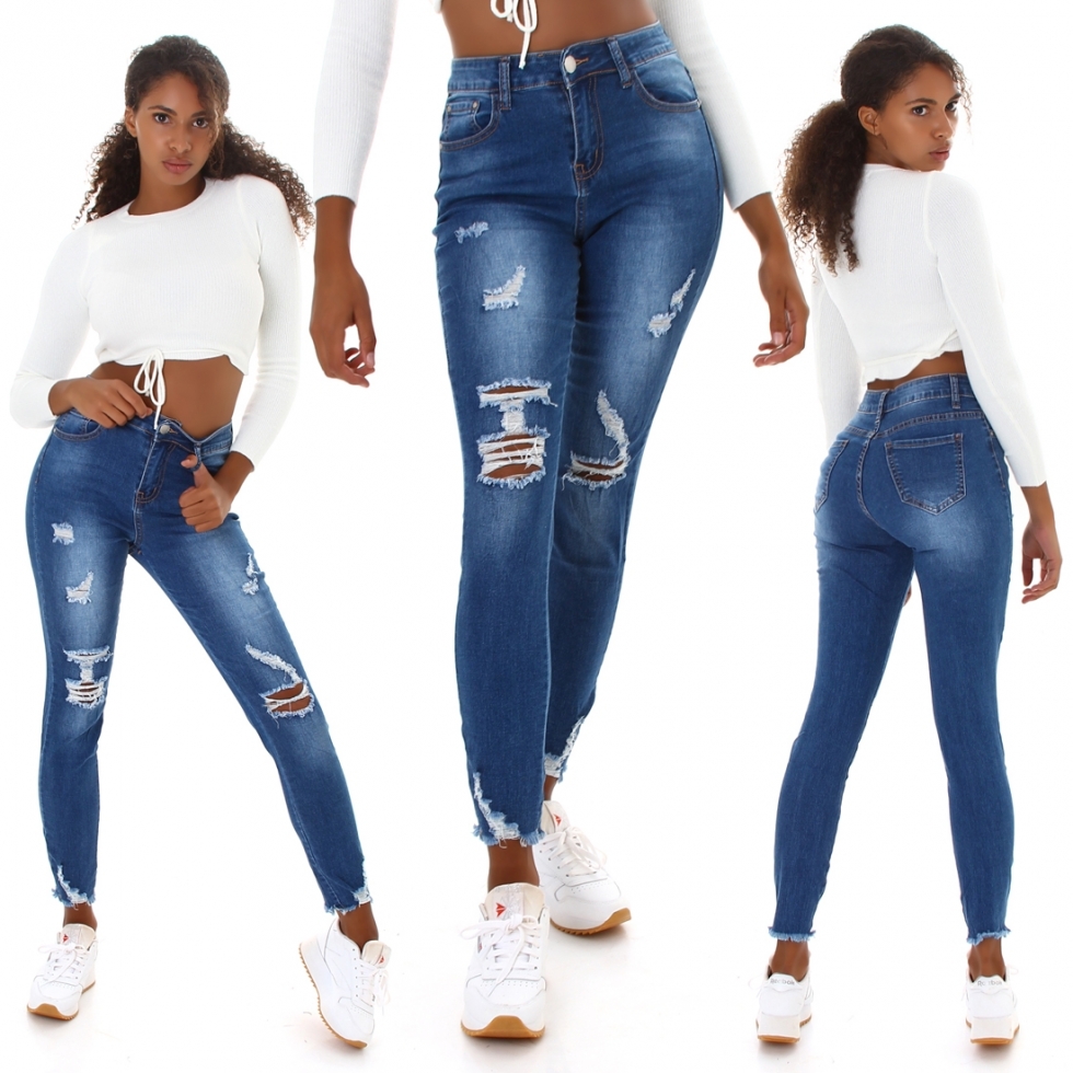 Sexy High Waist Stretch-Jeans mit Vintage-Effekten - blue washed