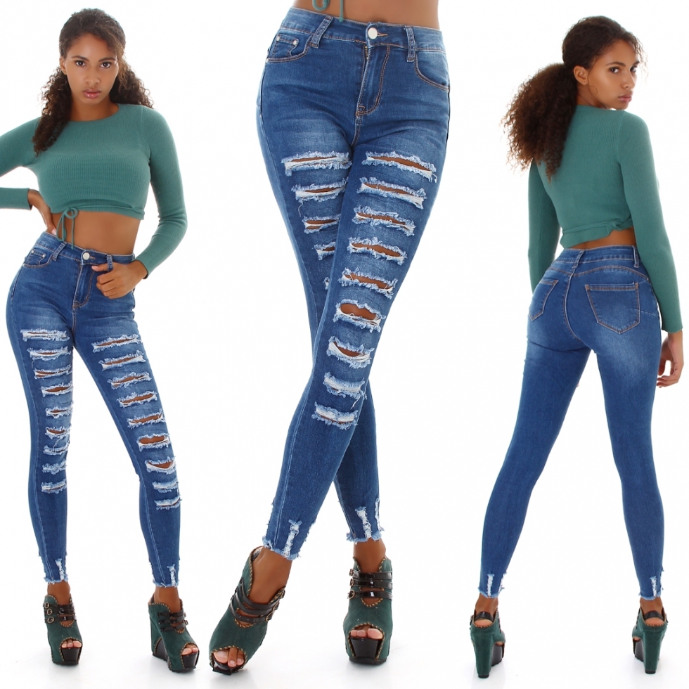 Highwaist Push-Up Jeans im Destroyed-Look - blue washed