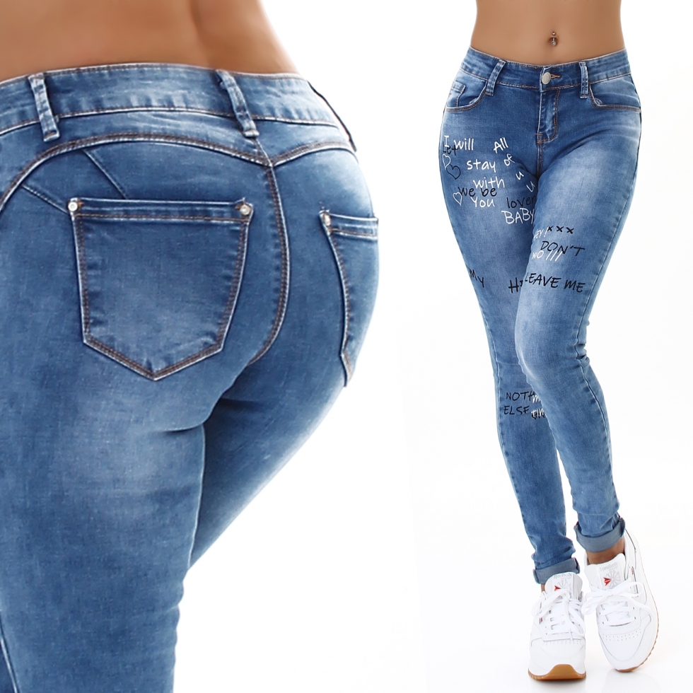 High Waist Skinny Jeans im Used-Look mit Schrift-Prints - light blue