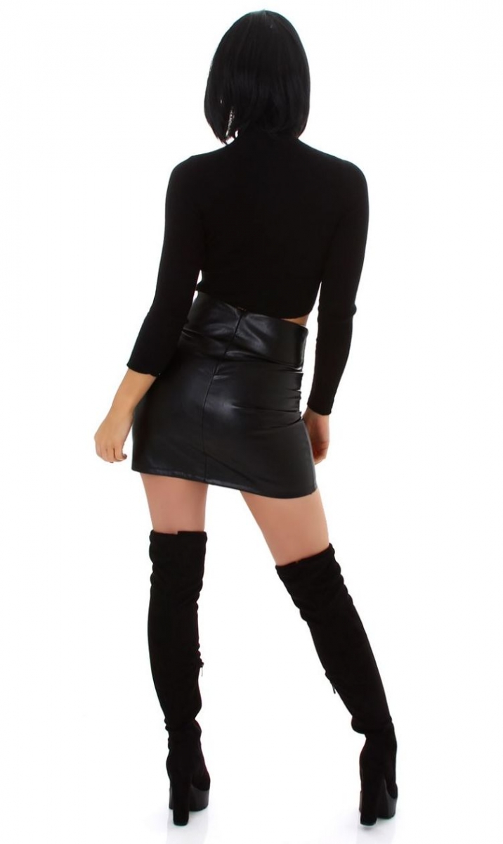 Sexy Minirock im Leder-Look mit Dekoknöpfen - schwarz