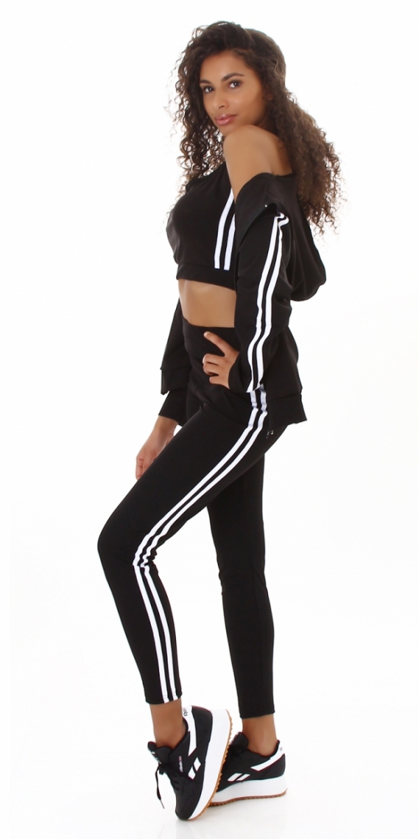 3-teiliges Sportset mit seitlicher Streifenapplikation in schwarz / weiß