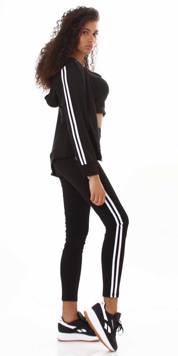 3-teiliges Sportset mit seitlicher Streifenapplikation in schwarz / weiß