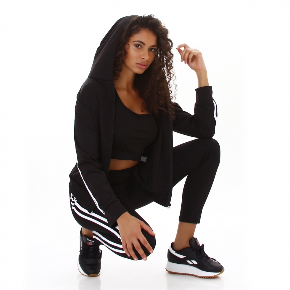 3-teiliges Sportset mit seitlicher Streifenapplikation in schwarz / weiß