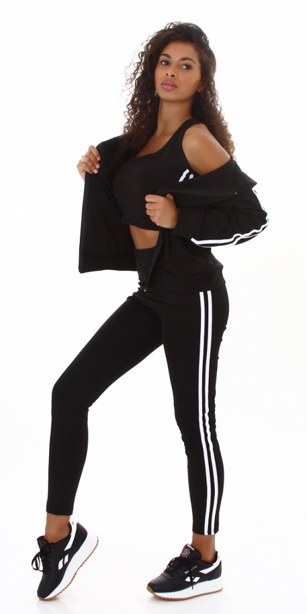 3-teiliges Sportset mit seitlicher Streifenapplikation in schwarz / weiß