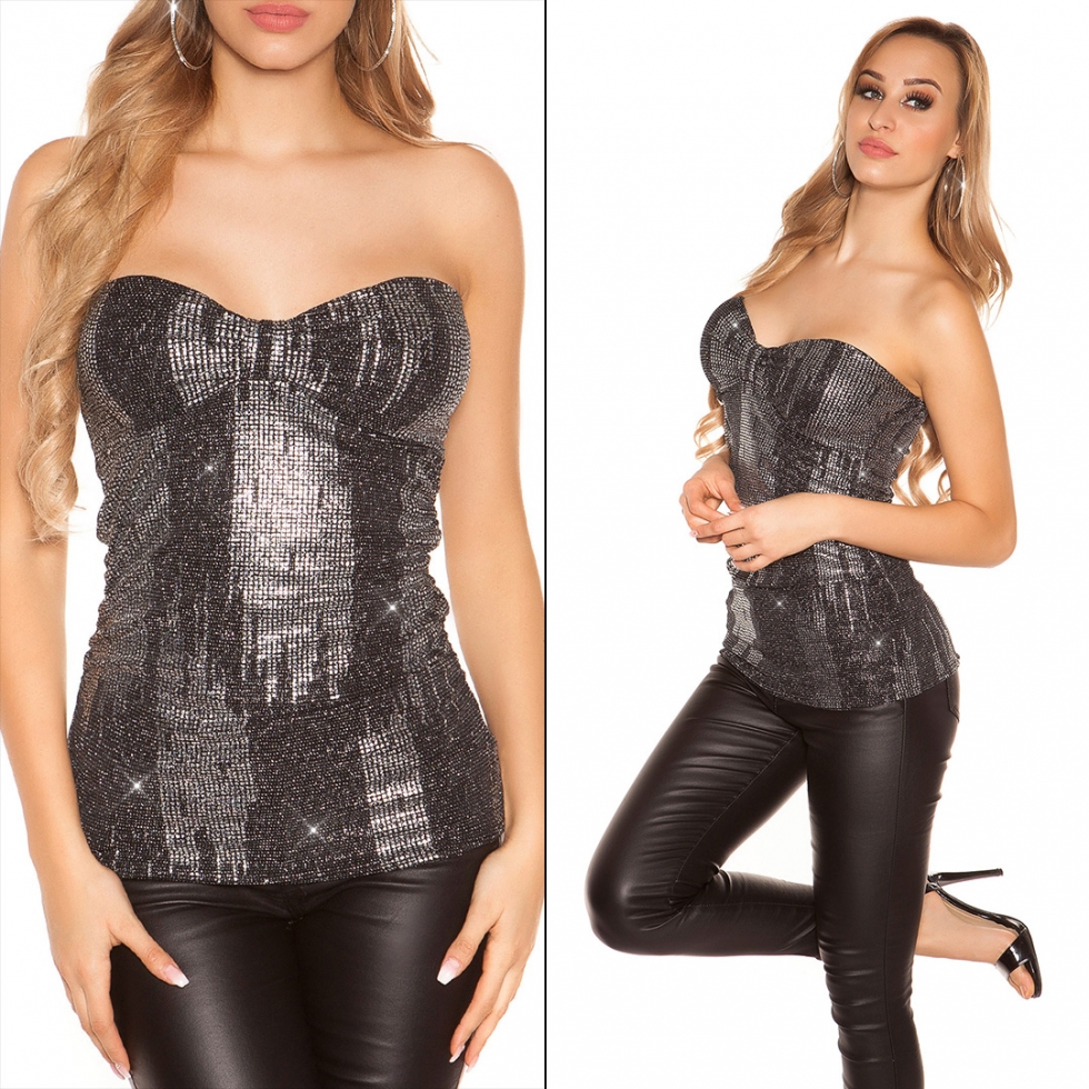 Trägerloses Party-Top mit Metallic-Effekten - silber
