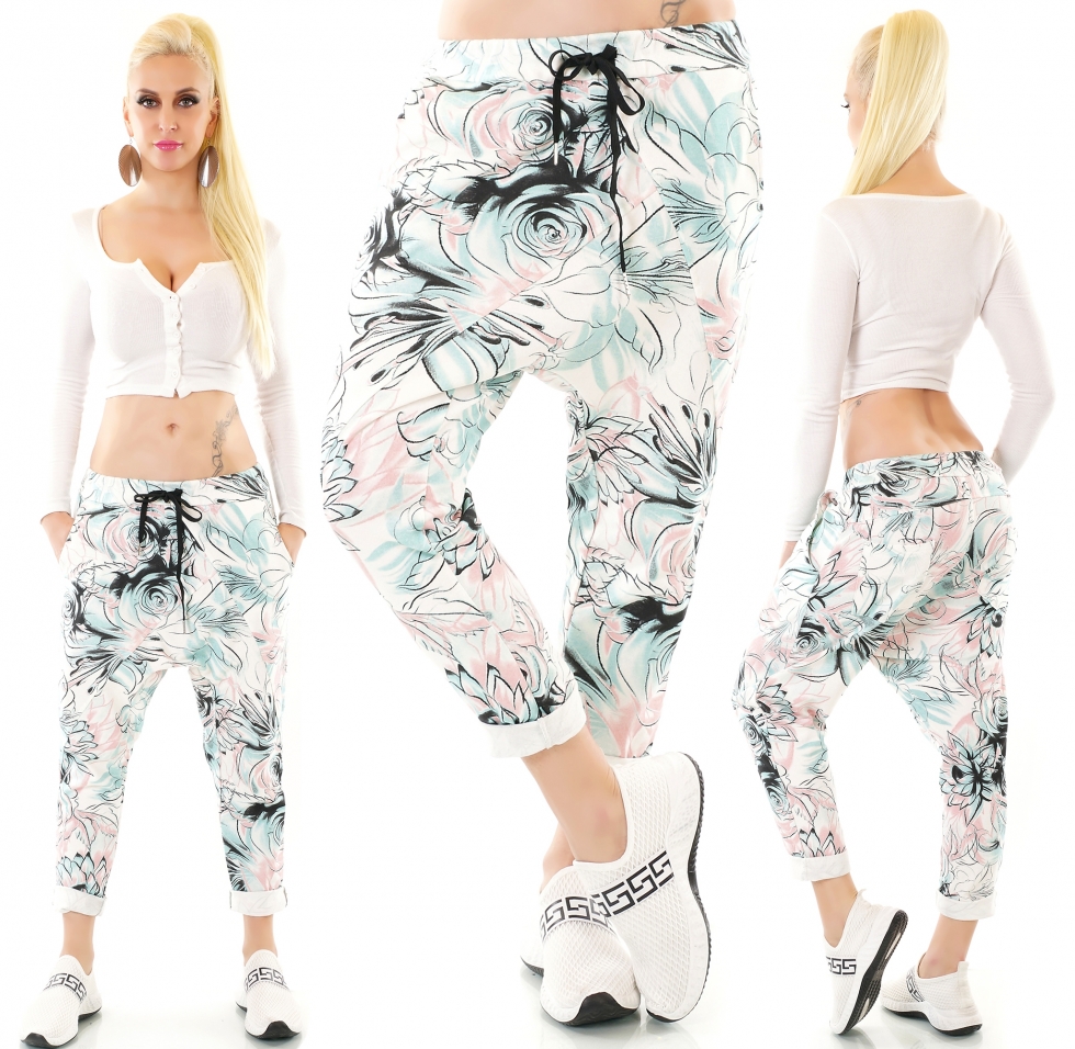 Moderne Harems-Freizeithose mit Aquarell-Print in türkis