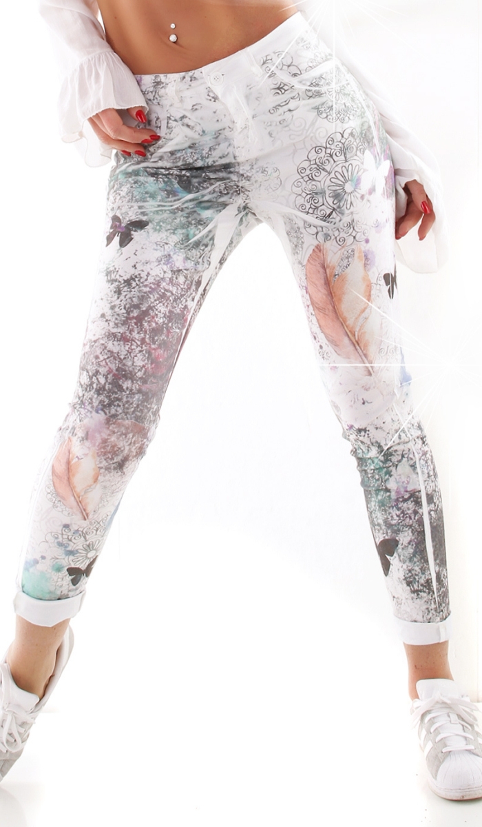 Lässige Chino-Hose mit indianischen Prints in weiß