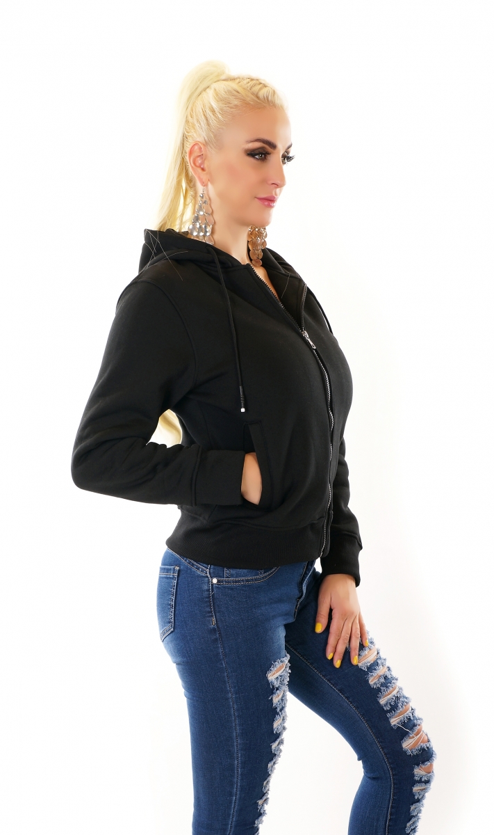 Modische Fleece Jacke mit Kapuze - schwarz