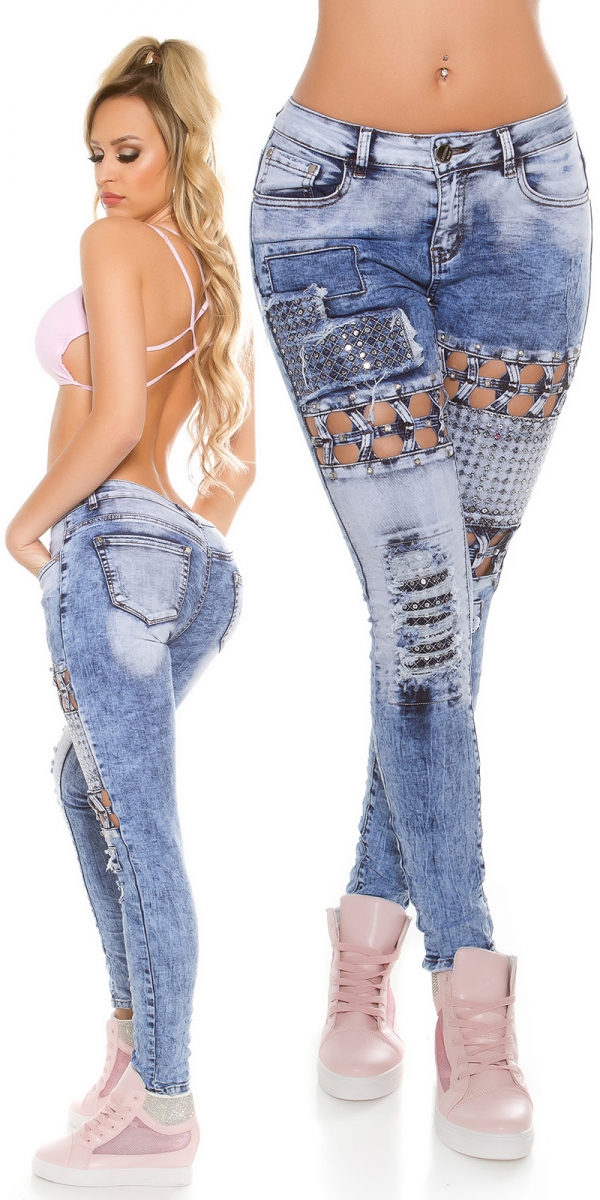 Originelle Röhrenjeans mit Gitter-Cut-Outs, Pailetten-Verzierung und Strass in acid blue