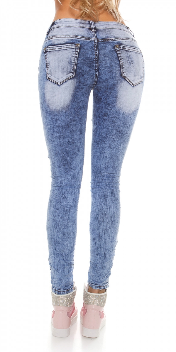 Originelle Röhrenjeans mit Gitter-Cut-Outs, Pailetten-Verzierung und Strass in acid blue