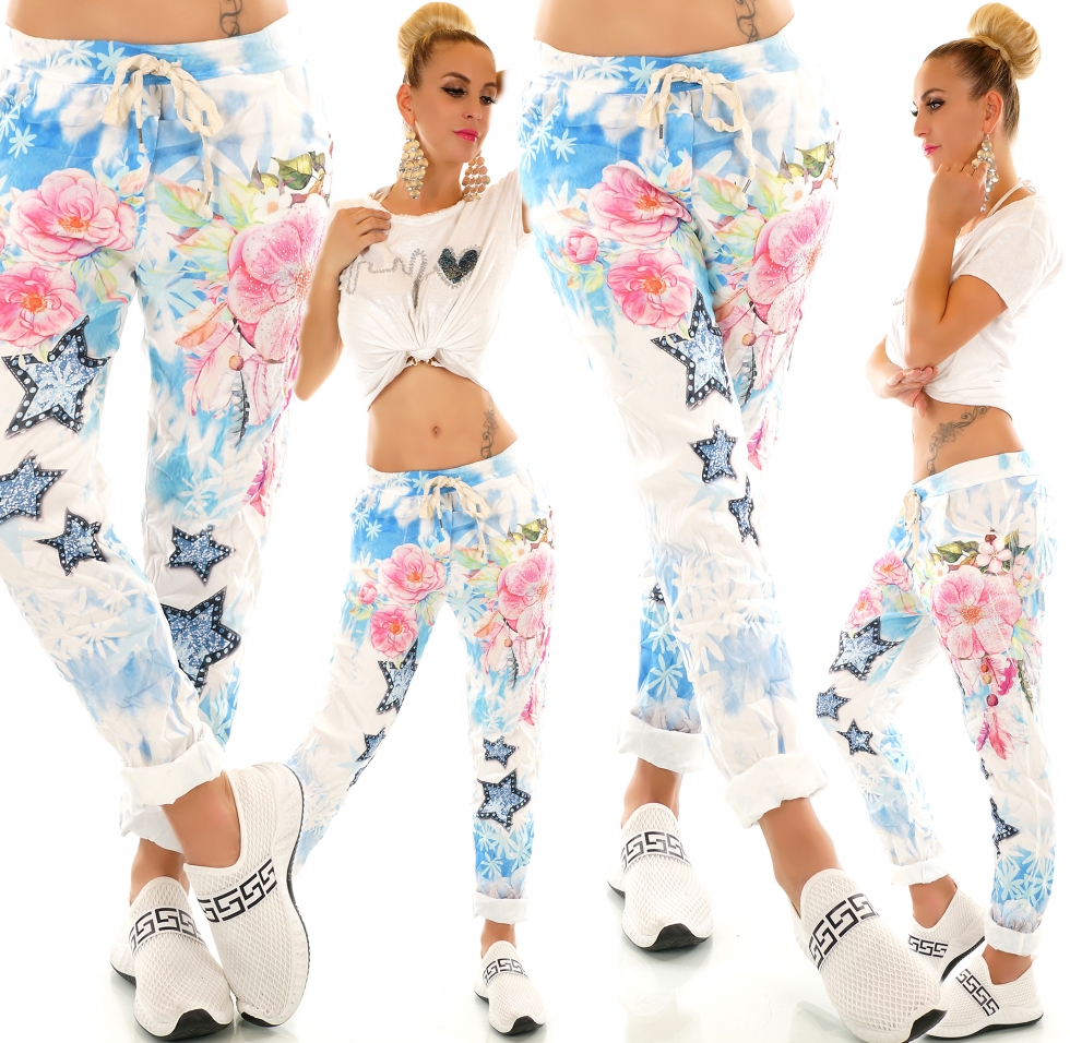 Modische Freizeithose im Baggy Style mit Allover Print in blau