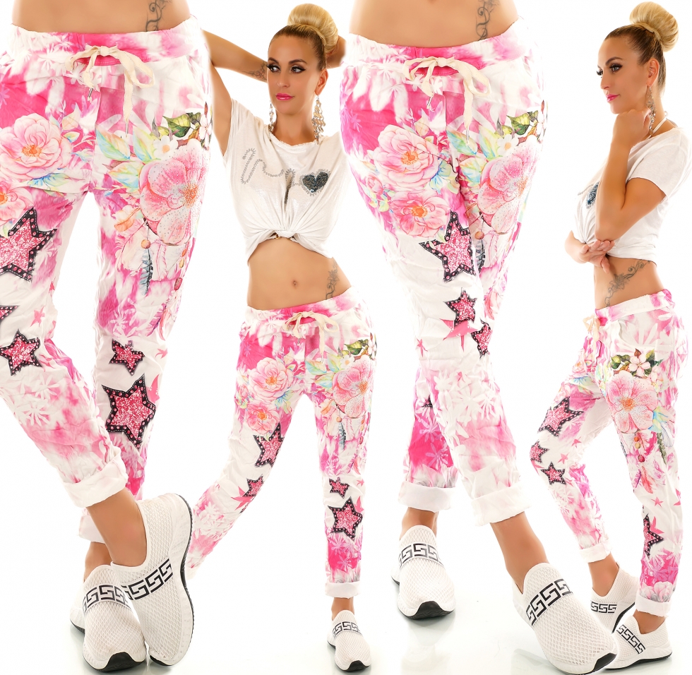 Modische Freizeithose im Baggy Style mit Allover Print in pink