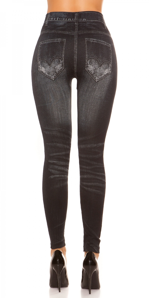High Waist Thermo-Leggings im Jeans-Look mit Flamingo-Verzierung in black denim