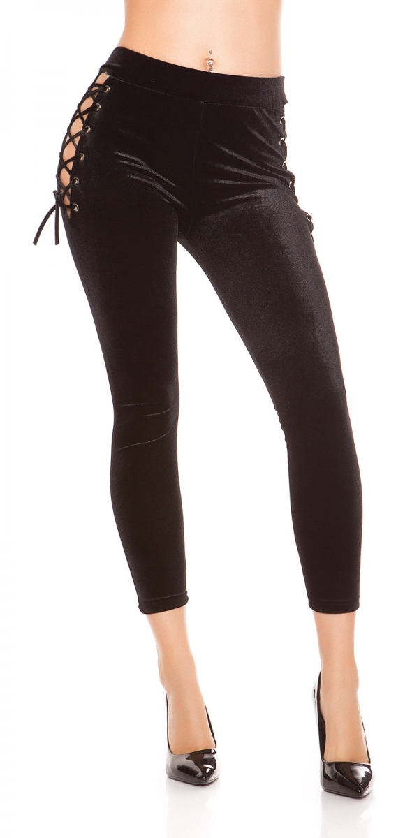 Samt-Leggings mit sexy Schnür-Effekt in schwarz