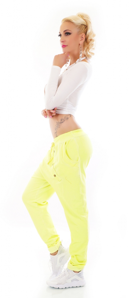 Baggy-Freizeithose mit diagonaler Knopfleiste in neongelb