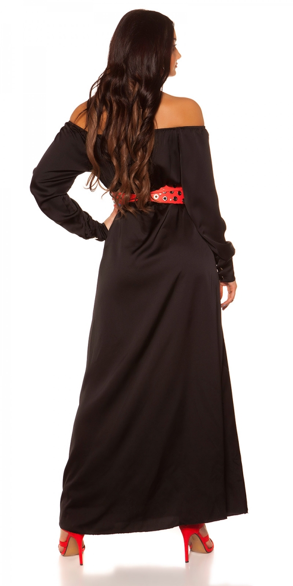 Exklusives Satin-Abendkleid mit sexy Carmen-Ausschnitt - schwarz