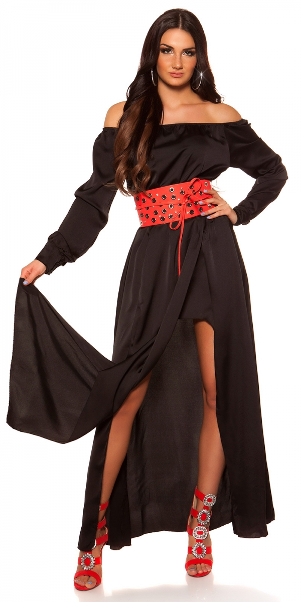 Exklusives Satin-Abendkleid mit sexy Carmen-Ausschnitt - schwarz