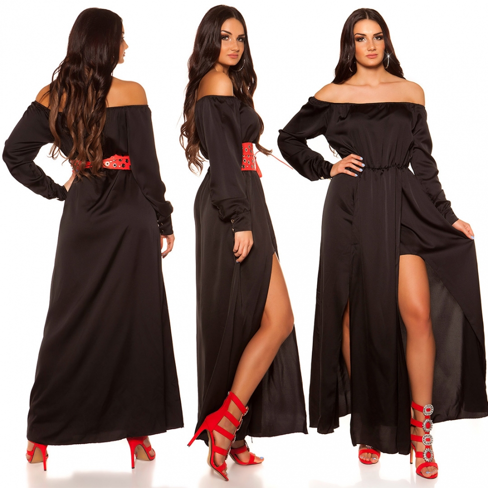 Exklusives Satin-Abendkleid mit sexy Carmen-Ausschnitt - schwarz