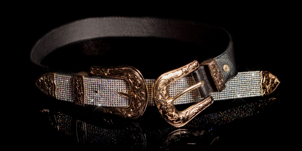 Moderner Leder-Gürtel mit Doppelschnallen-Optik - schwarz/gold