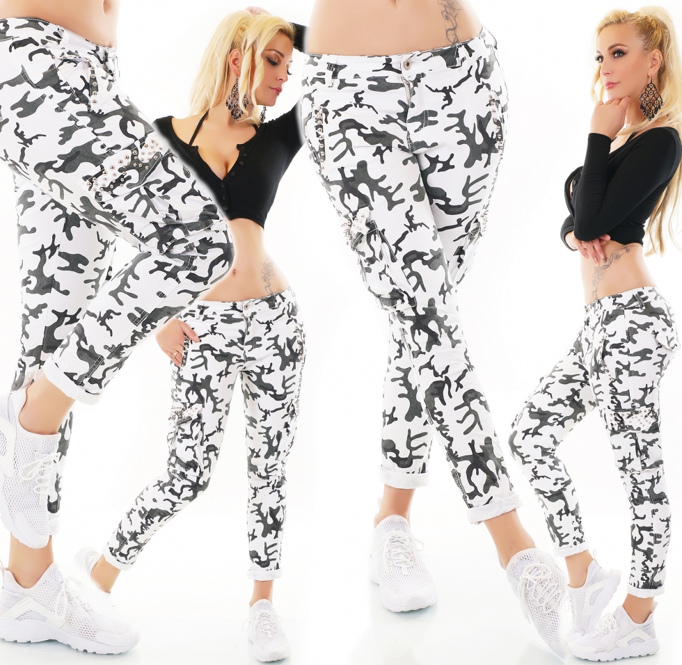 Figurbetonte Skinny-Jeans im Cargo-Design mit Zierperlen - camouflage / weiß