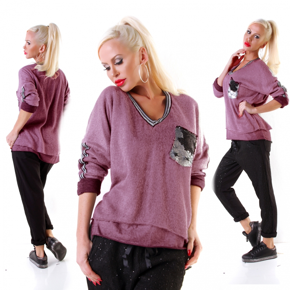 Under-/Over Strickpullover mit Glitzer-Streifen in beere