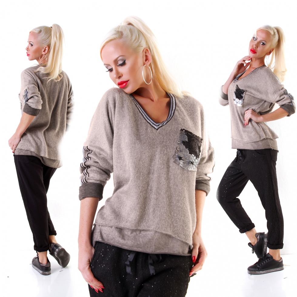 Under-/Over Strickpullover mit Glitzer-Streifen in beige
