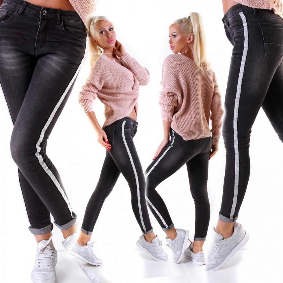 Moderne Röhren-Jeans mit Kontrast-Streifen - black washed