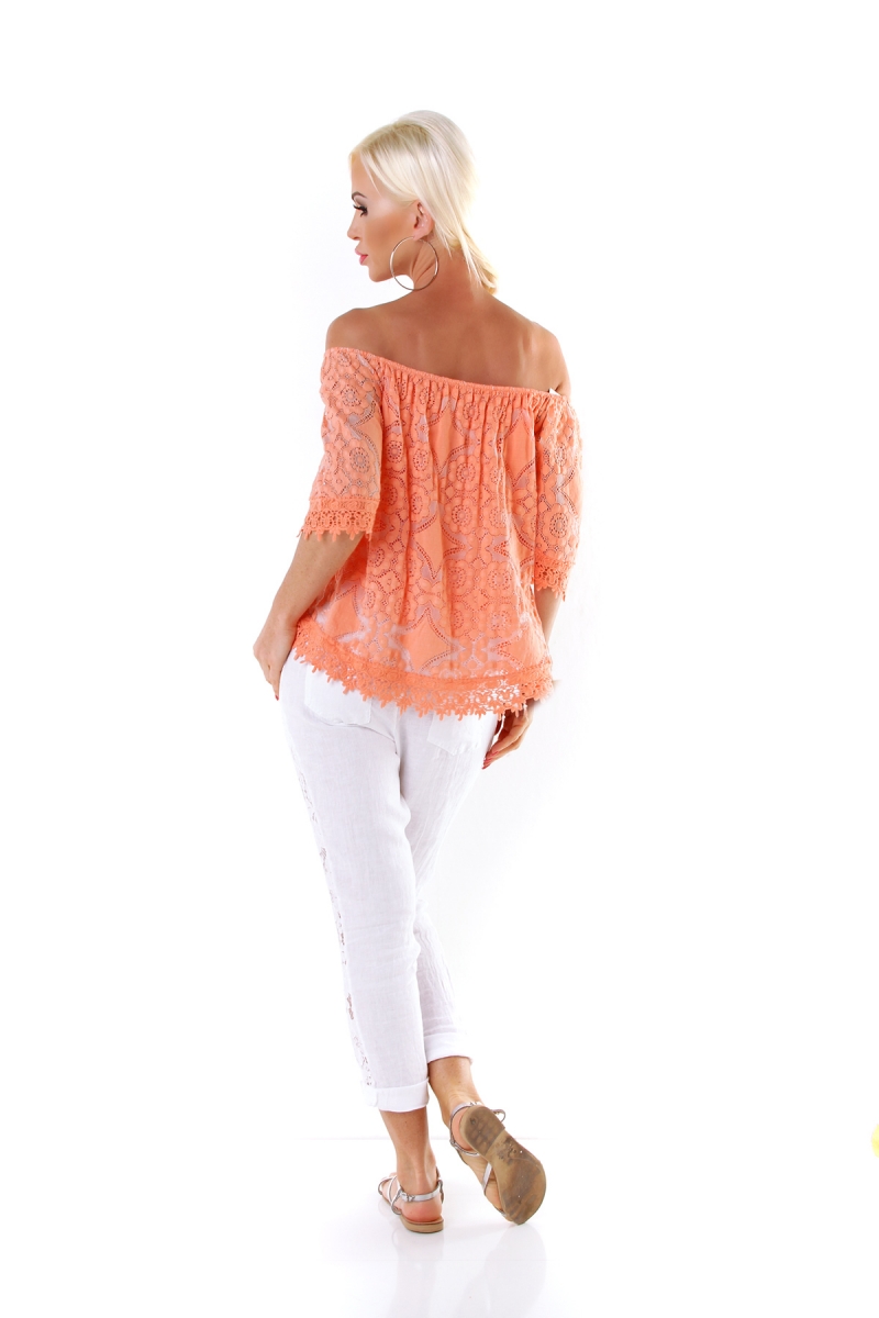 Schönes Carmen-Shirt aus feiner Häkelspitze - mandarine