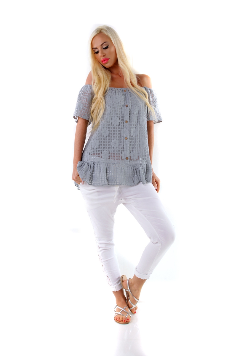 Carmen-Bluse mit süßem Volant-Abschluss - stone
