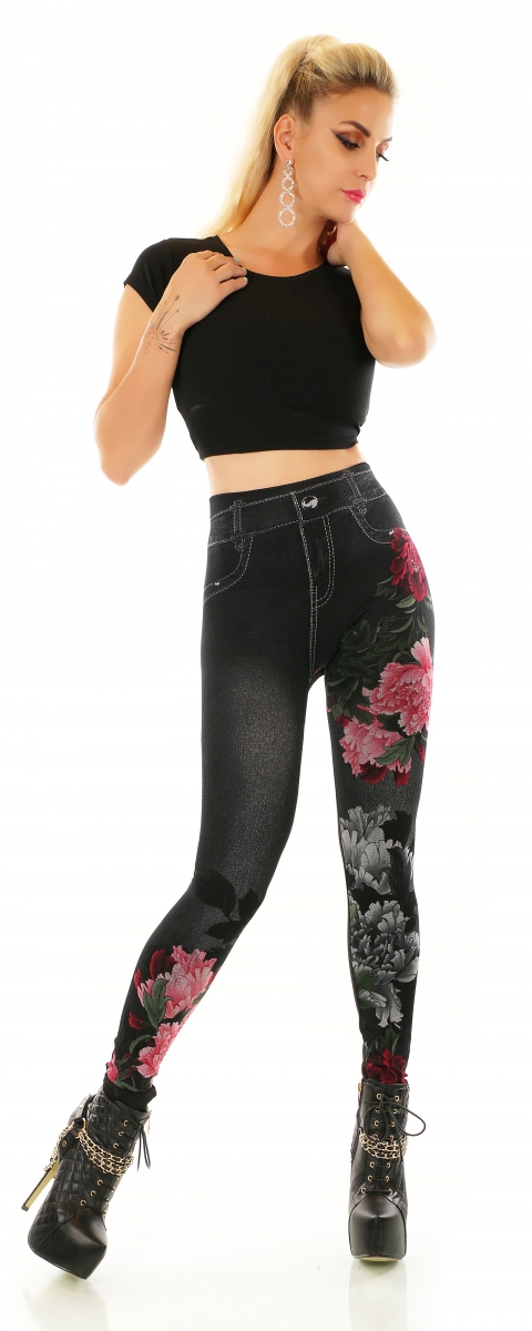 High Waist Leggings in Jeans-Optik mit Blumenprints - schwarz