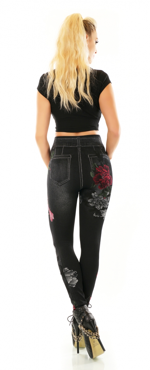 High Waist Leggings in Jeans-Optik mit Blumenprints - schwarz