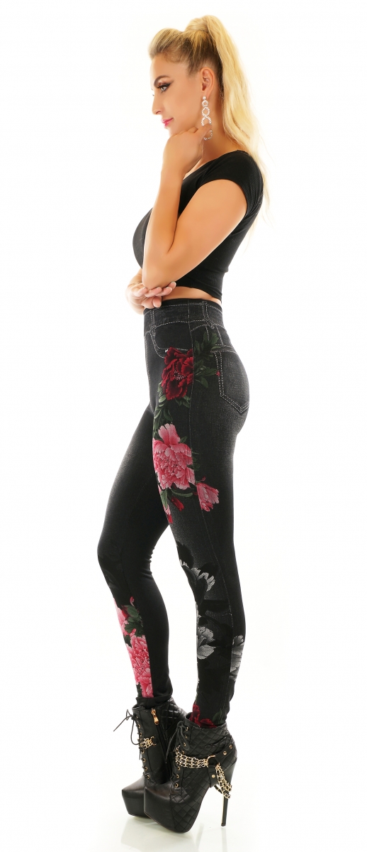 High Waist Leggings in Jeans-Optik mit Blumenprints - schwarz