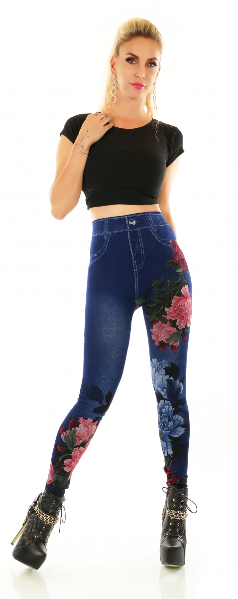 High Waist Leggings in Jeans-Optik mit Blumenprints - blau