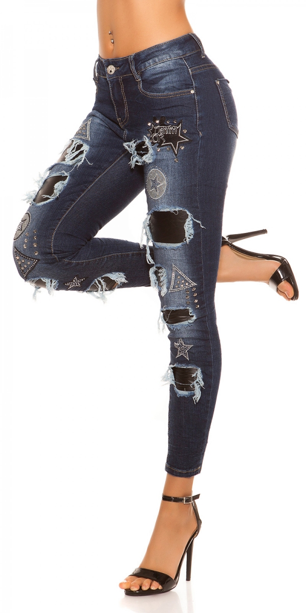 Sexy Skinny-Jeans im Used-Look mit Leder-Patches - blue washed
