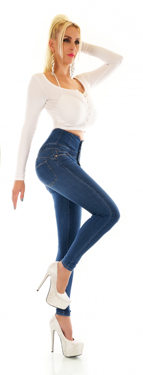 Figurbetonte High Waist Push Up Jeans im Corsage Look - blue washed