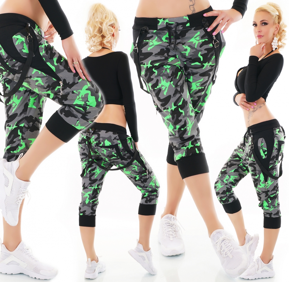 Capri Freizeithose im Camouflage-Look mit Zier-Bändern - neon grün