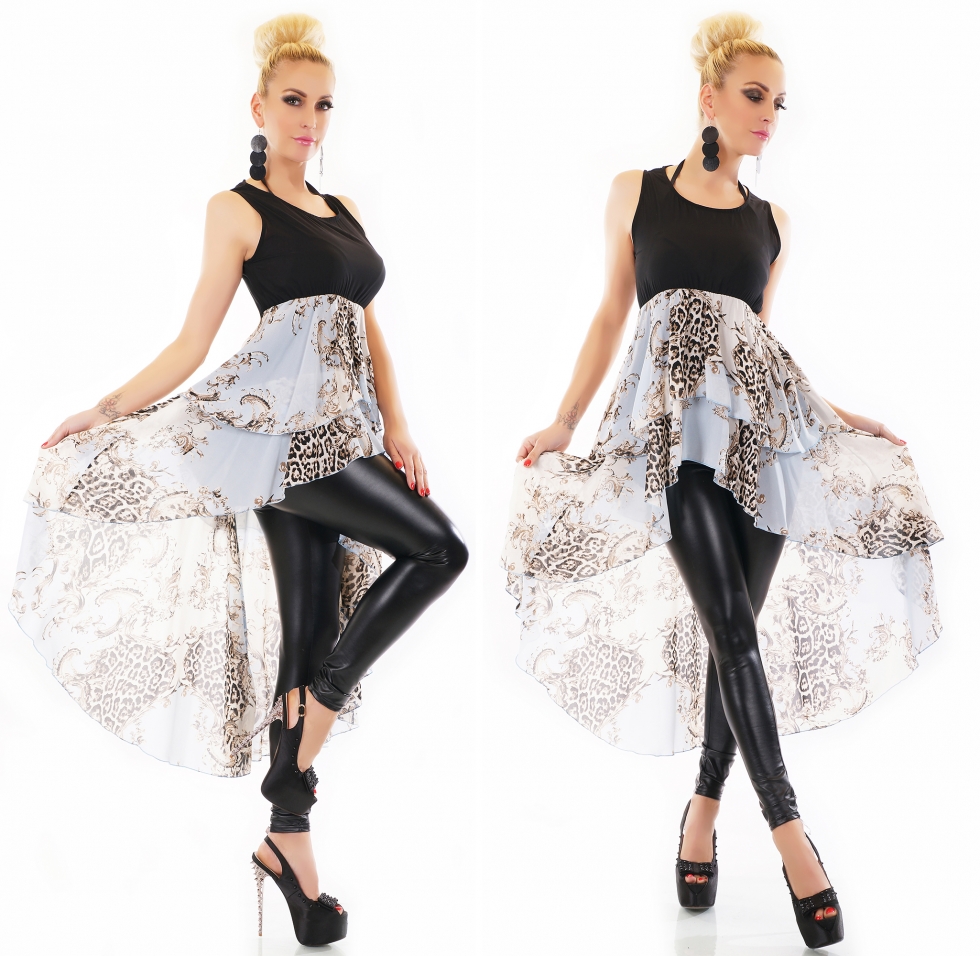Edles High-Low Shirt mit Rund-Ausschnitt und Volant-Verzierung - schwarz/blau