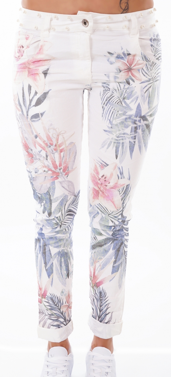 Süsse Sommer Chino Jeans mit bunten Lilien-Prints und Perlen-Applikation in weiß