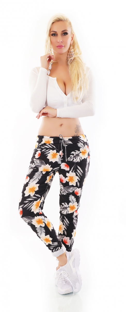 Moderne Freizeithose mit bunten Blumen-Prints - multicolor schwarz